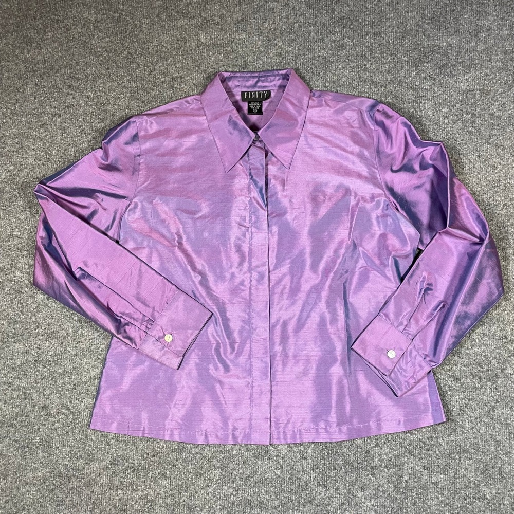 Finity Shantung Silk Blouse Size 14 Purple Iridescent LS Dagger Collar Dupioni